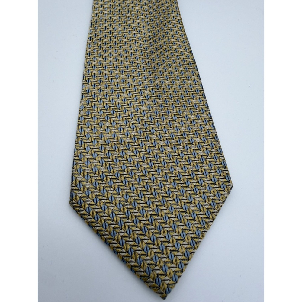 Christian Dior Paris Mens Silk Tie Gold Blue Geometric Chevron Made in France